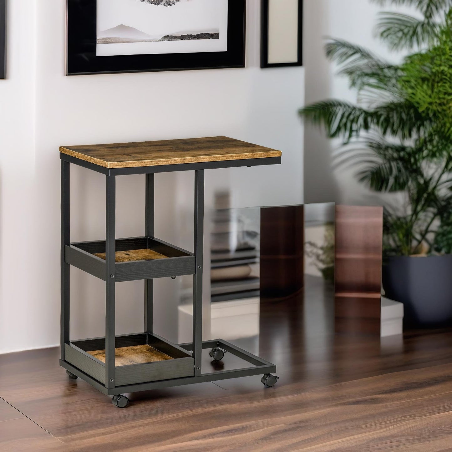 industrial c shaped side table 3-tier with wheels