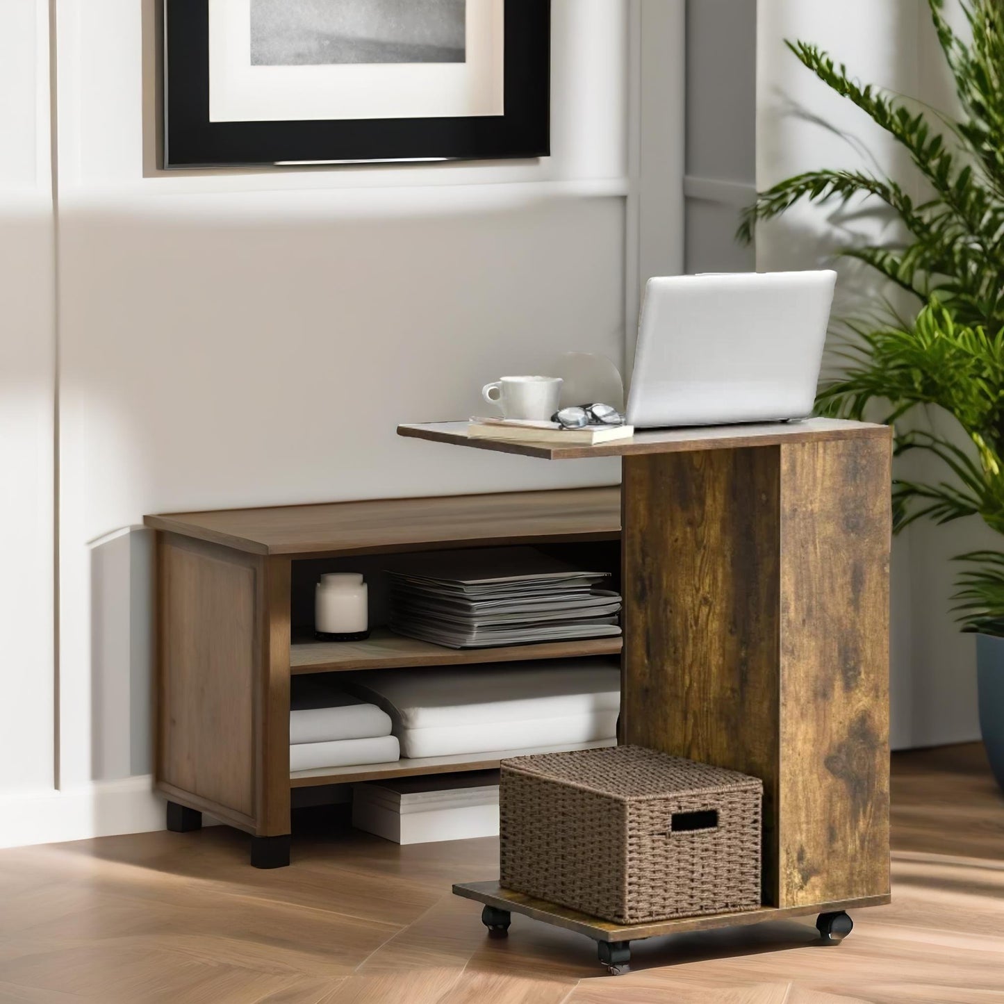 industrial brown c shaped side table with storage & wheels