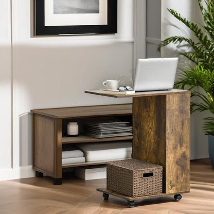 Industrial Brown C Shaped Side Table With Storage & Wheels