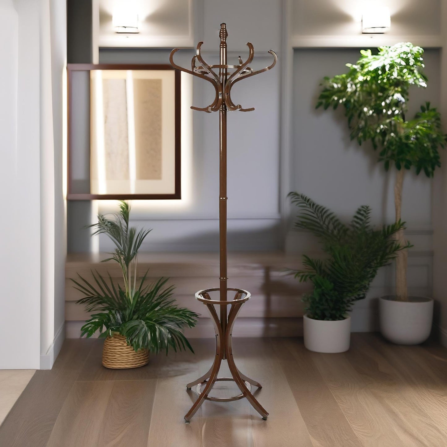 wooden coat stand with 12 hooks walnut