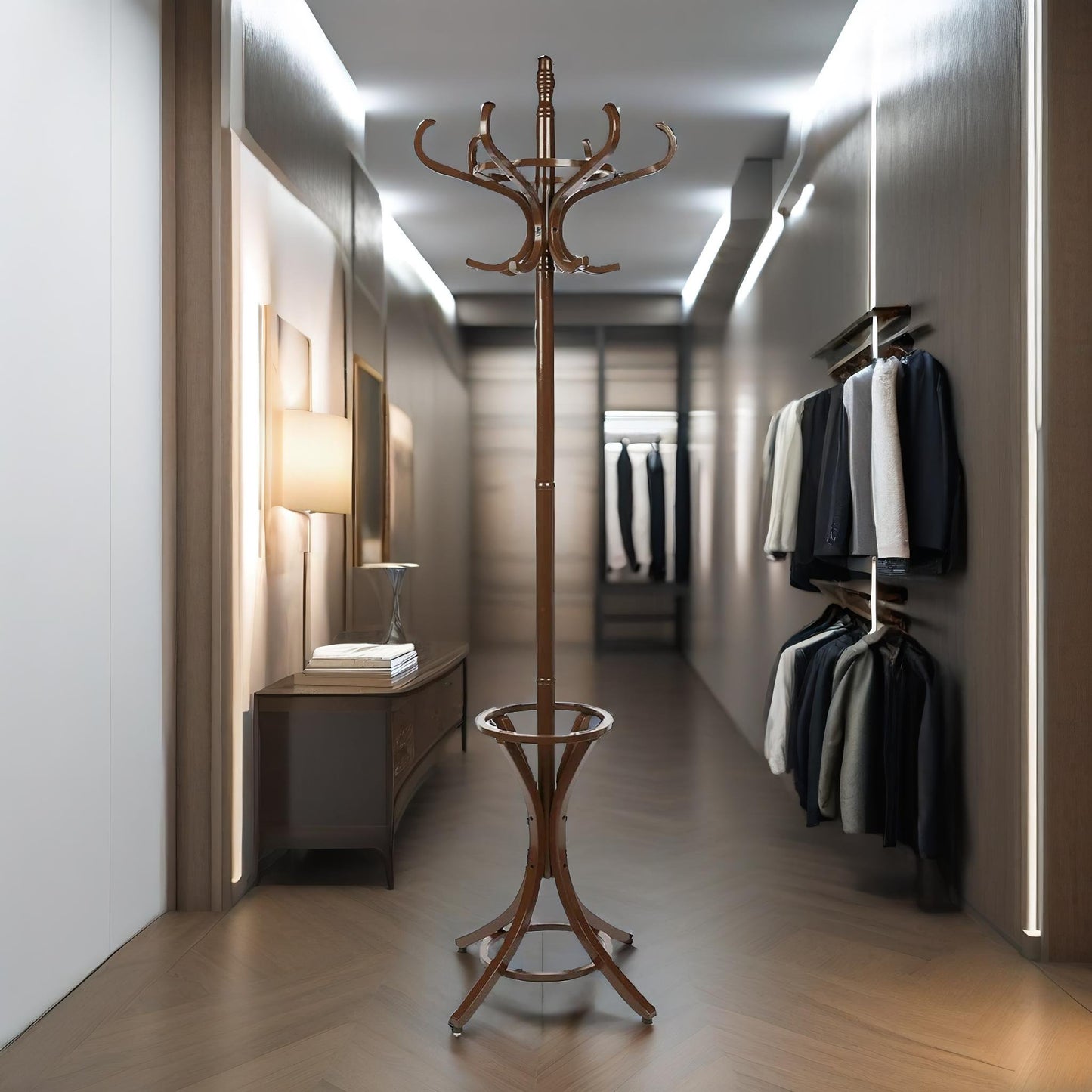 wooden coat stand with 12 hooks walnut