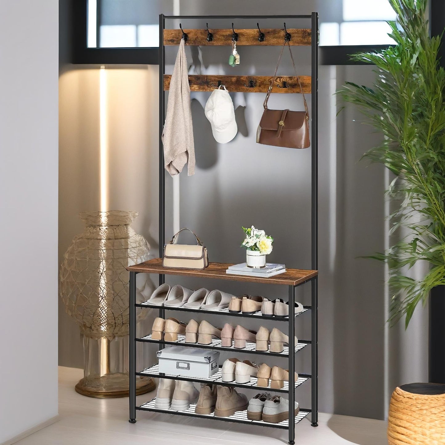 coat rack stand with 5 tier shoe bench