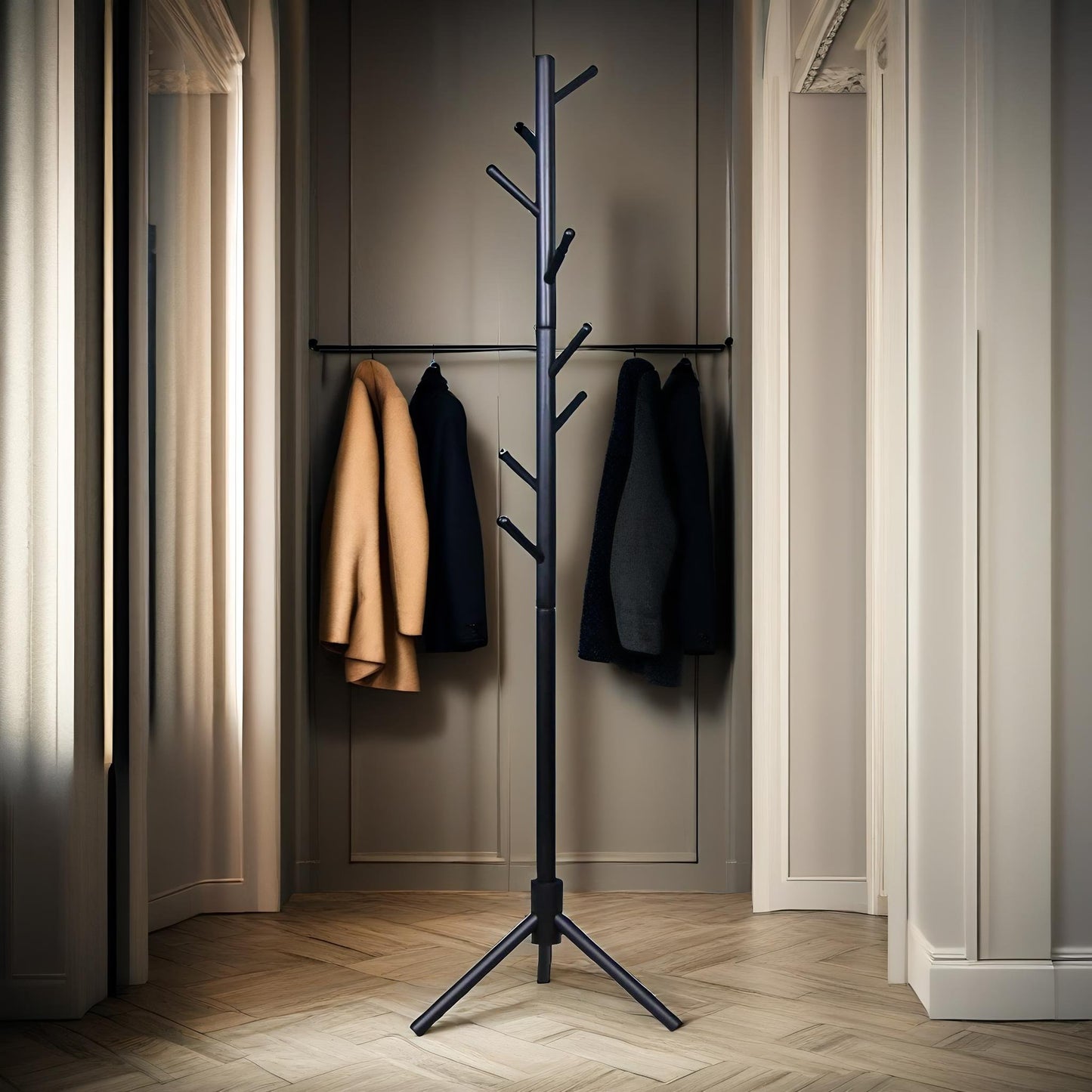 wooden adjustable coat stand with 8 hooks black