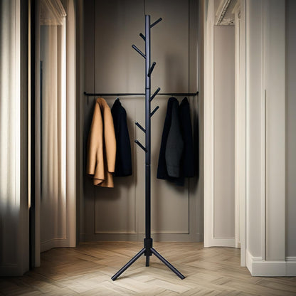 Wooden Adjustable Coat Stand With 8 Hooks Black