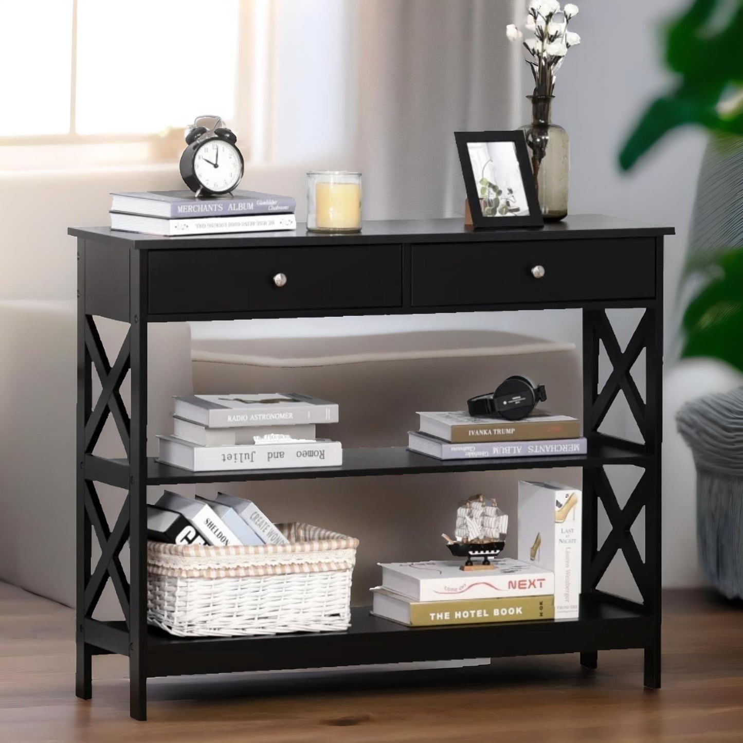 3 tier console table with 2 drawers black