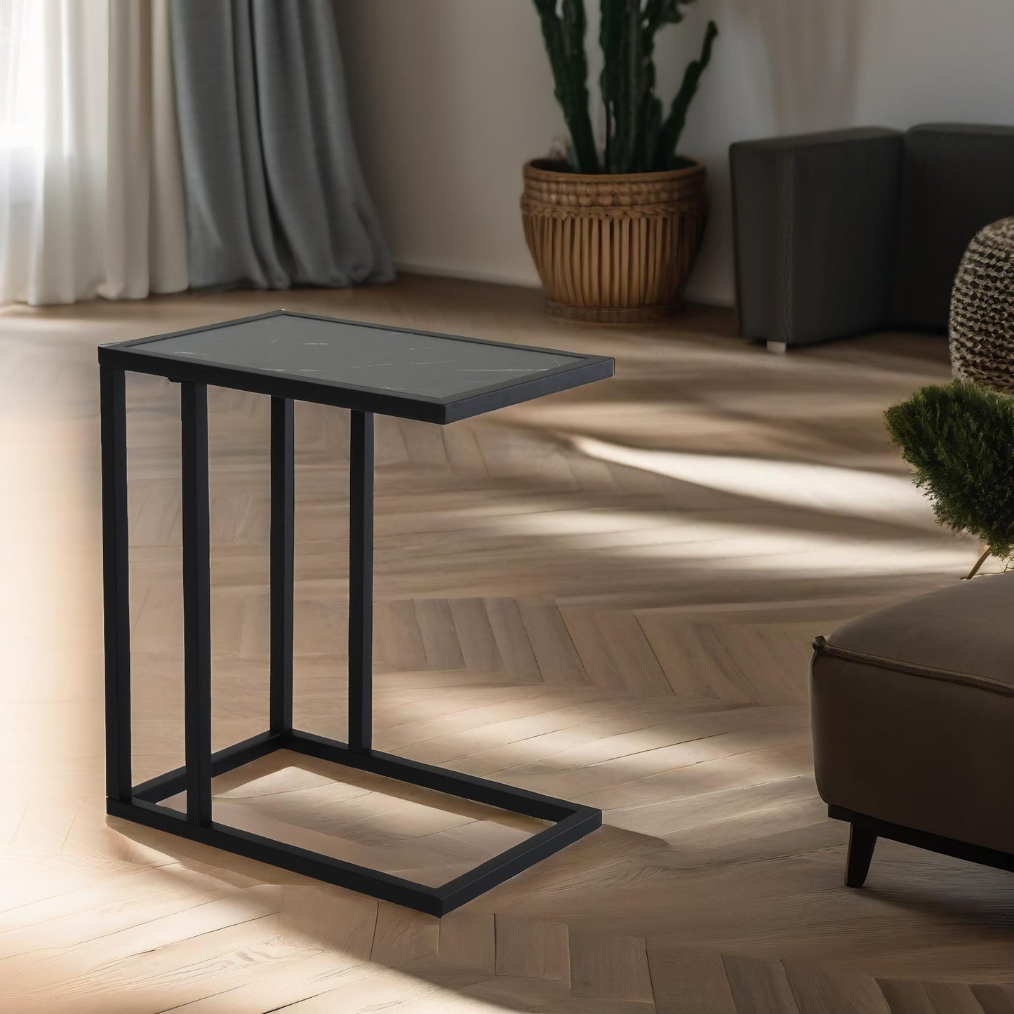 industrial c shaped side table marble effect