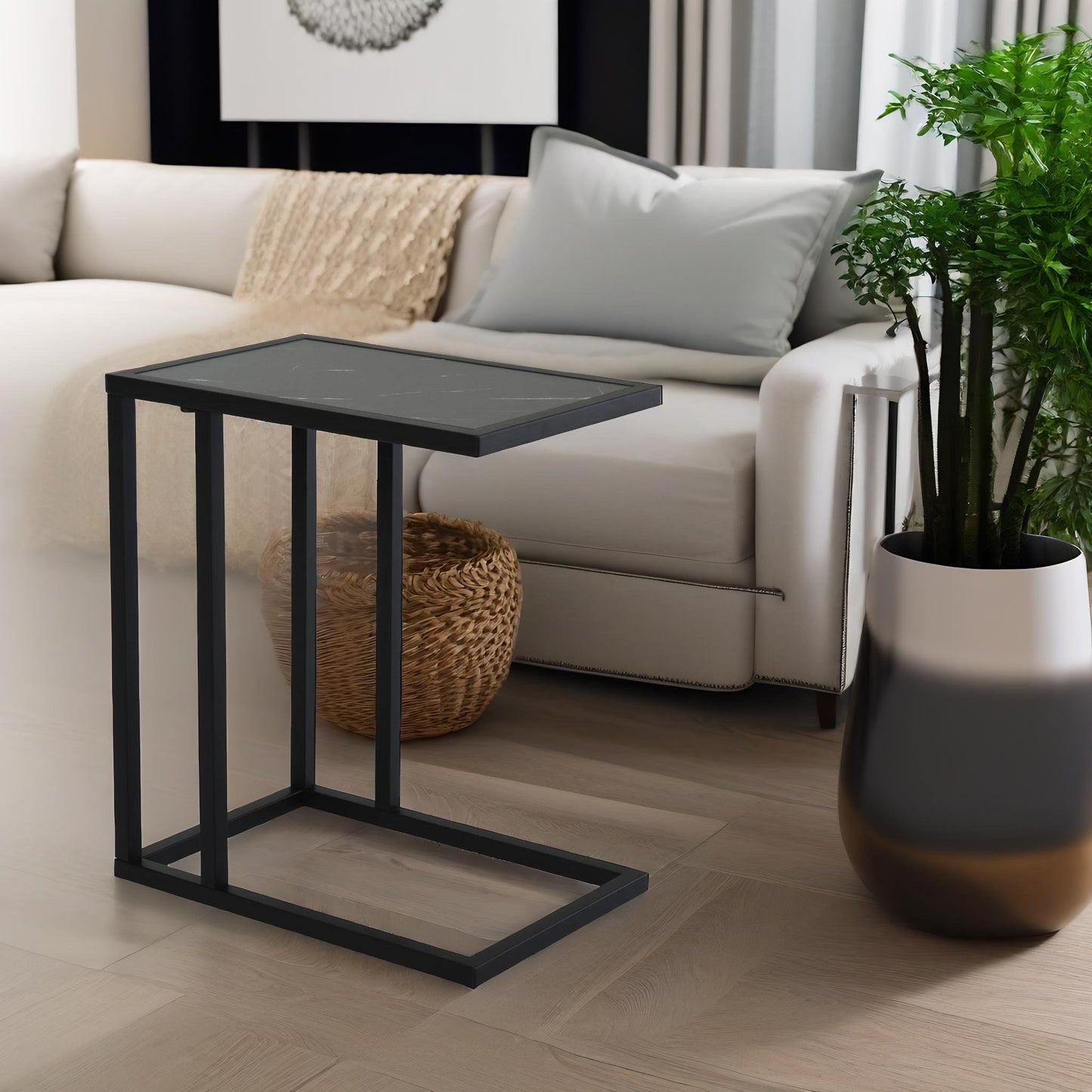 industrial c shaped side table marble effect