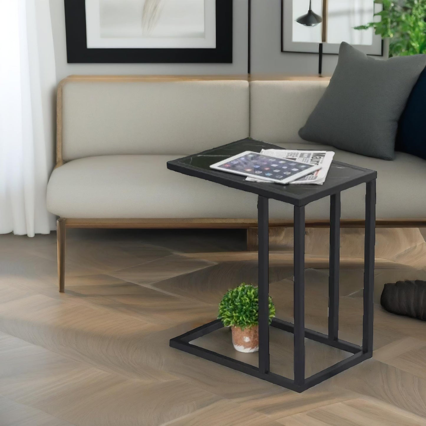 industrial c shaped side table marble effect