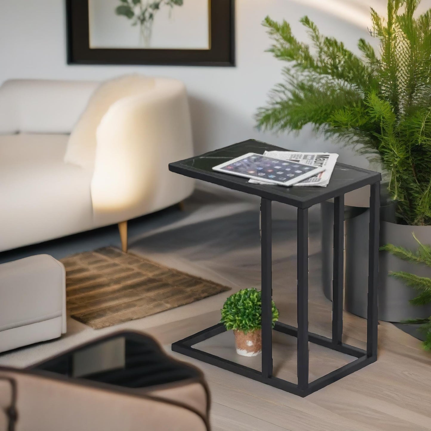 industrial c shaped side table marble effect