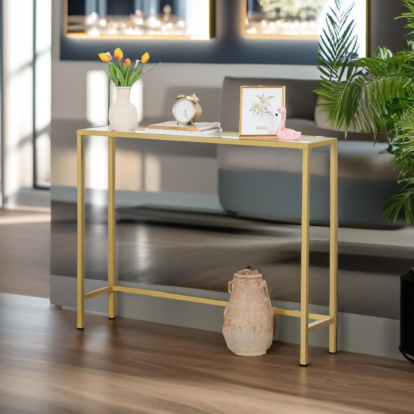 gold metal hallway console table