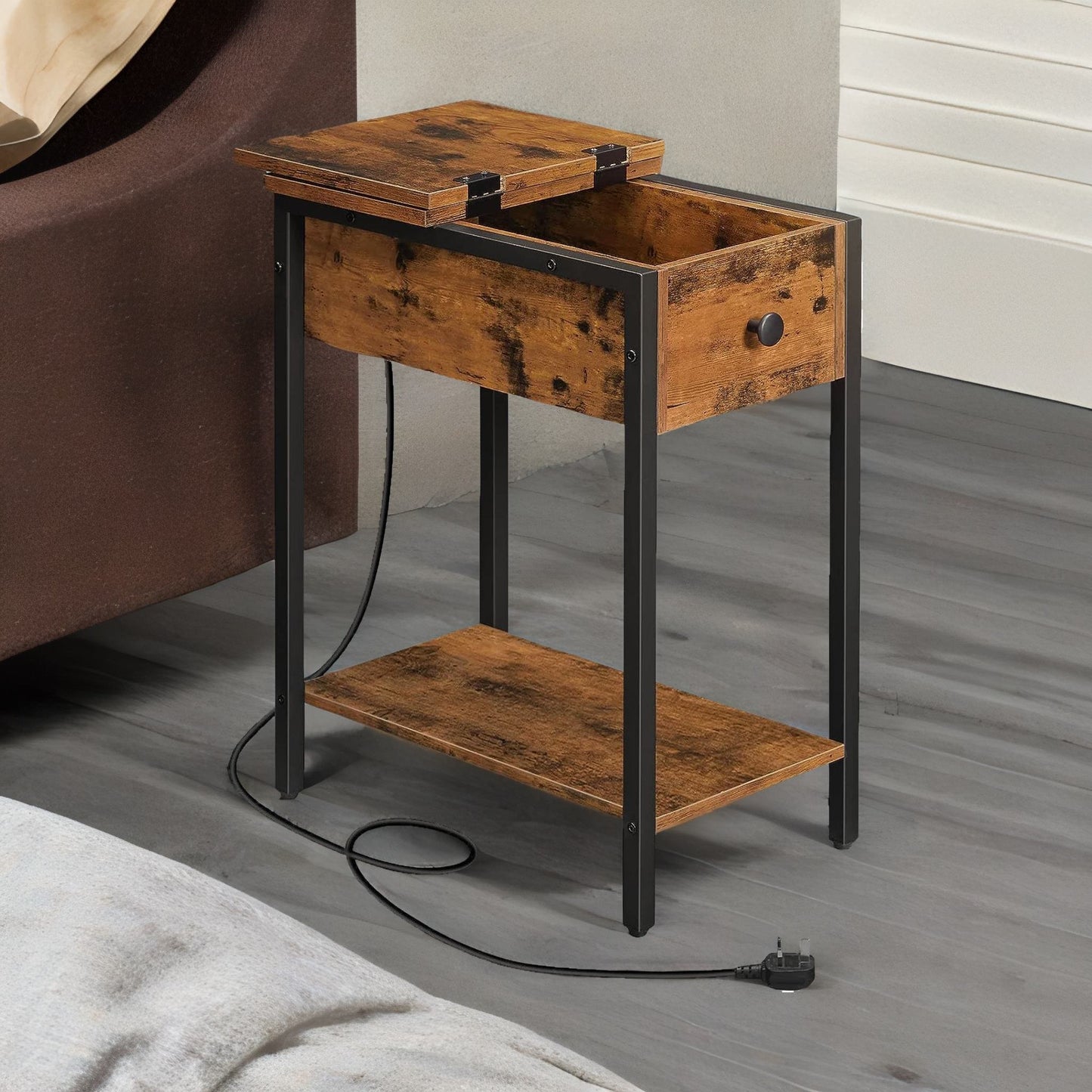 narrow bedside table with power & usb outlets