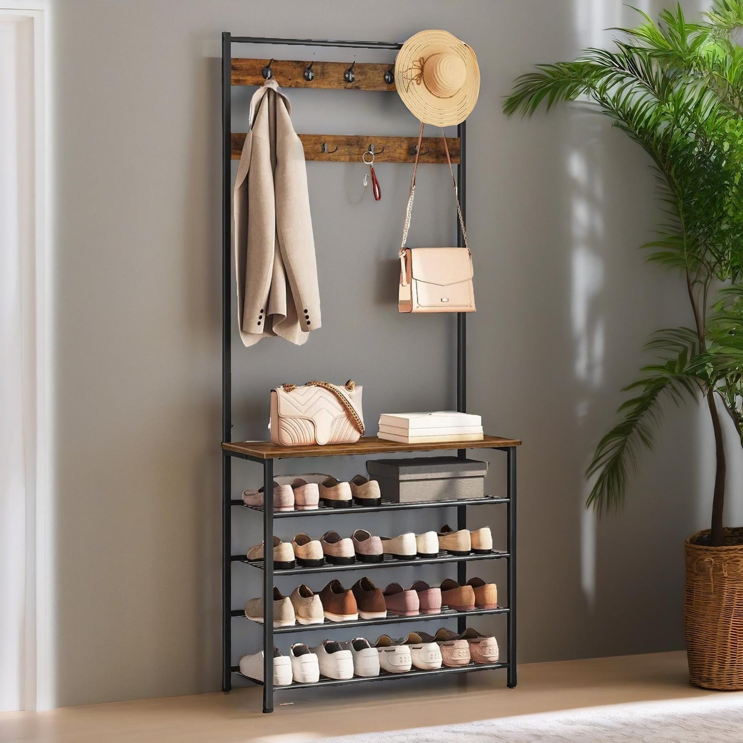 coat rack stand with 5 tier shoe bench