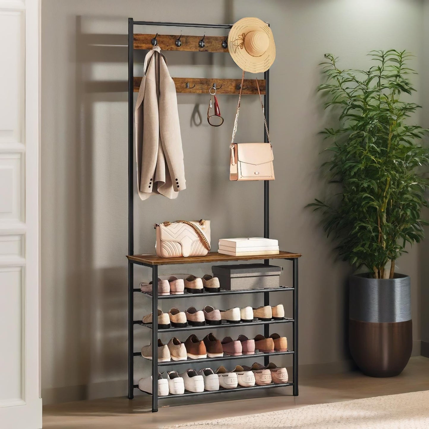 coat rack stand with 5 tier shoe bench