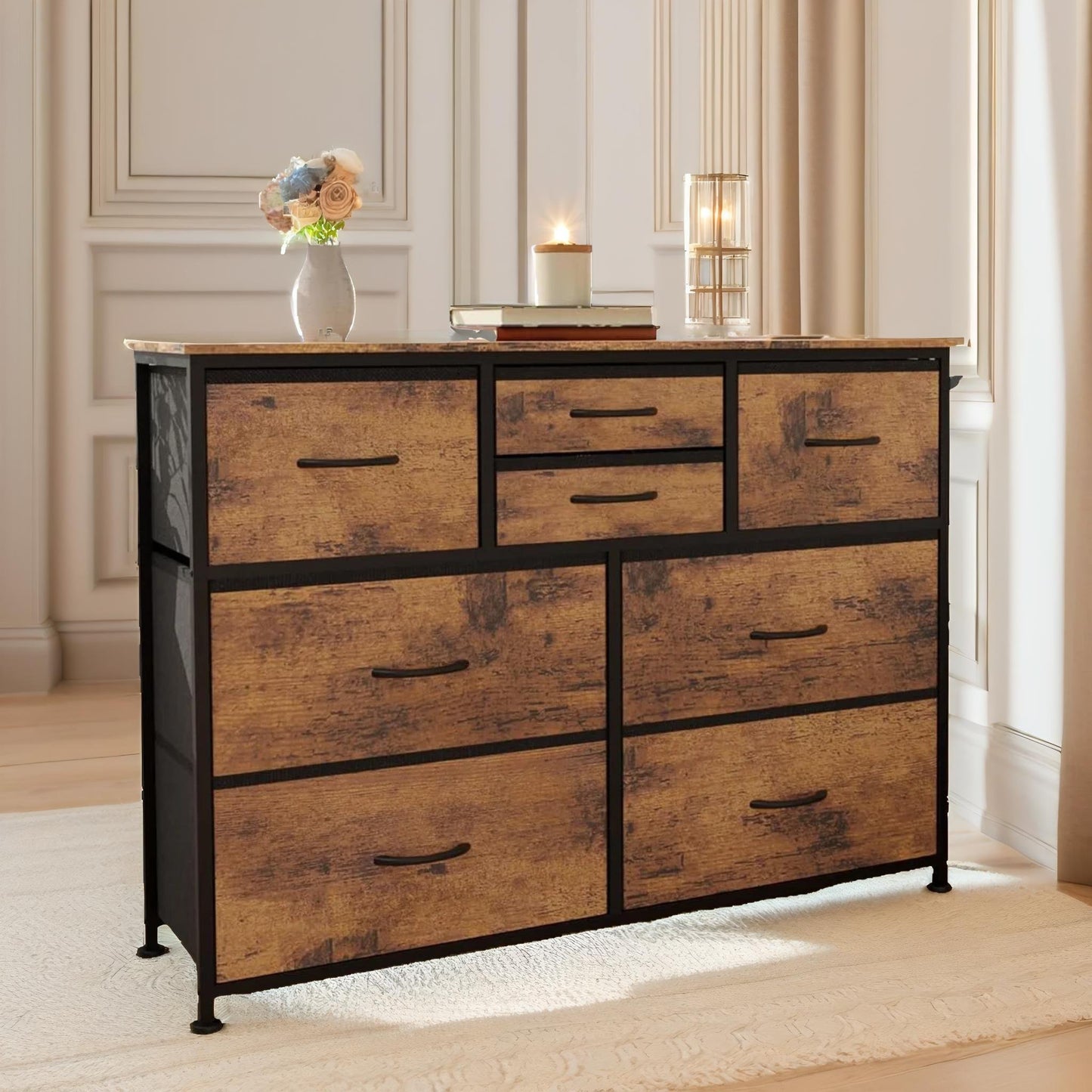 bedroom chest with 8 fabric drawers rustic brown