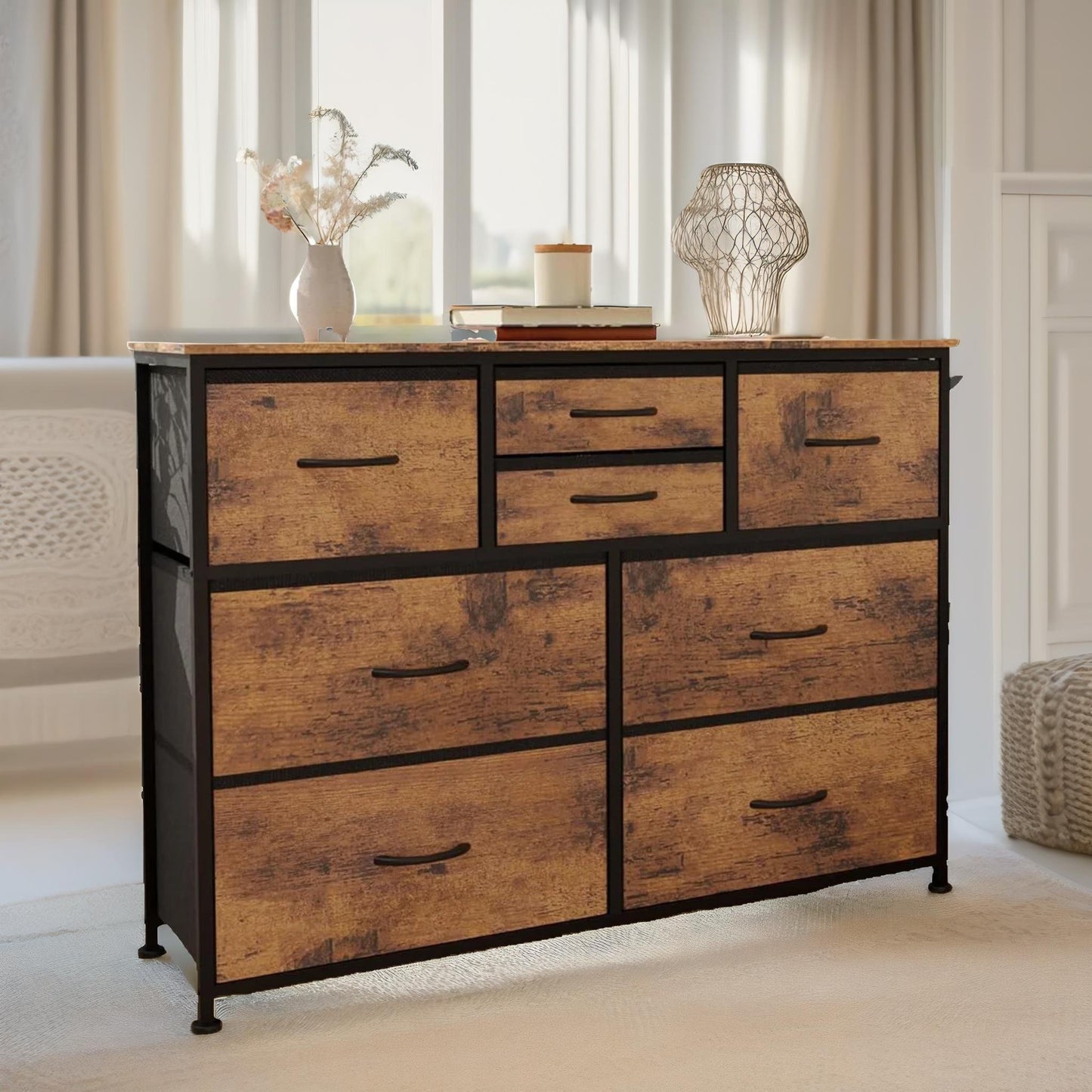 bedroom chest with 8 fabric drawers rustic brown