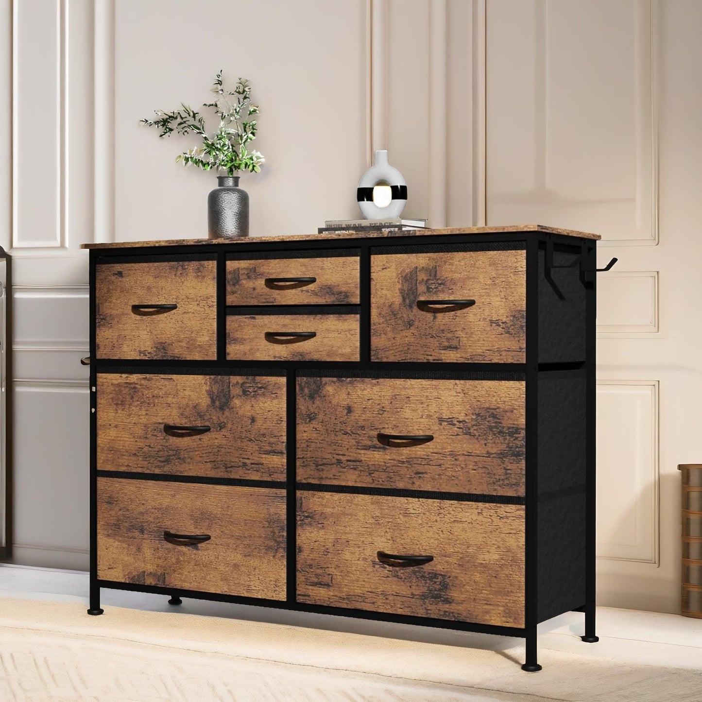 bedroom chest with 8 fabric drawers rustic brown