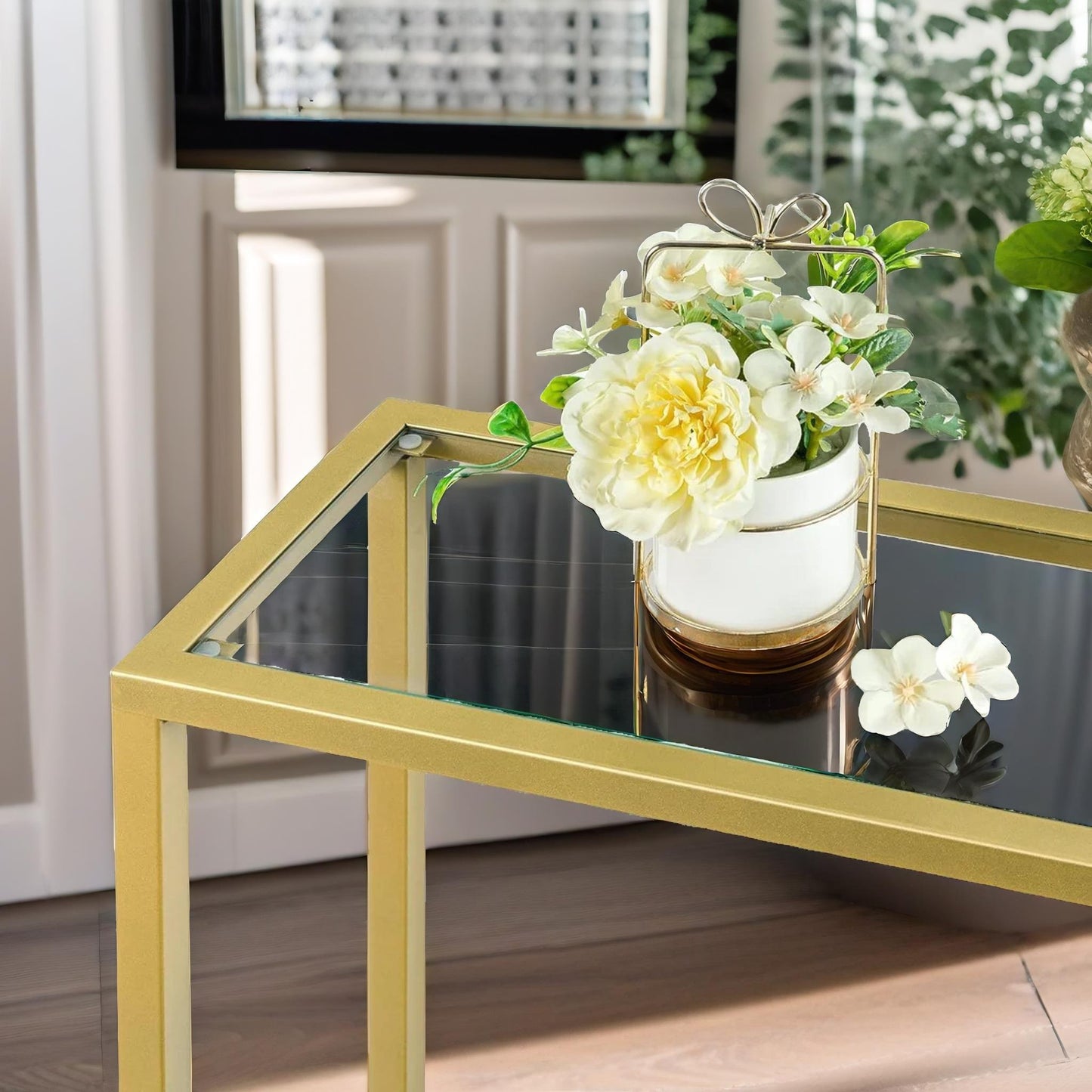 gold metal hallway console table