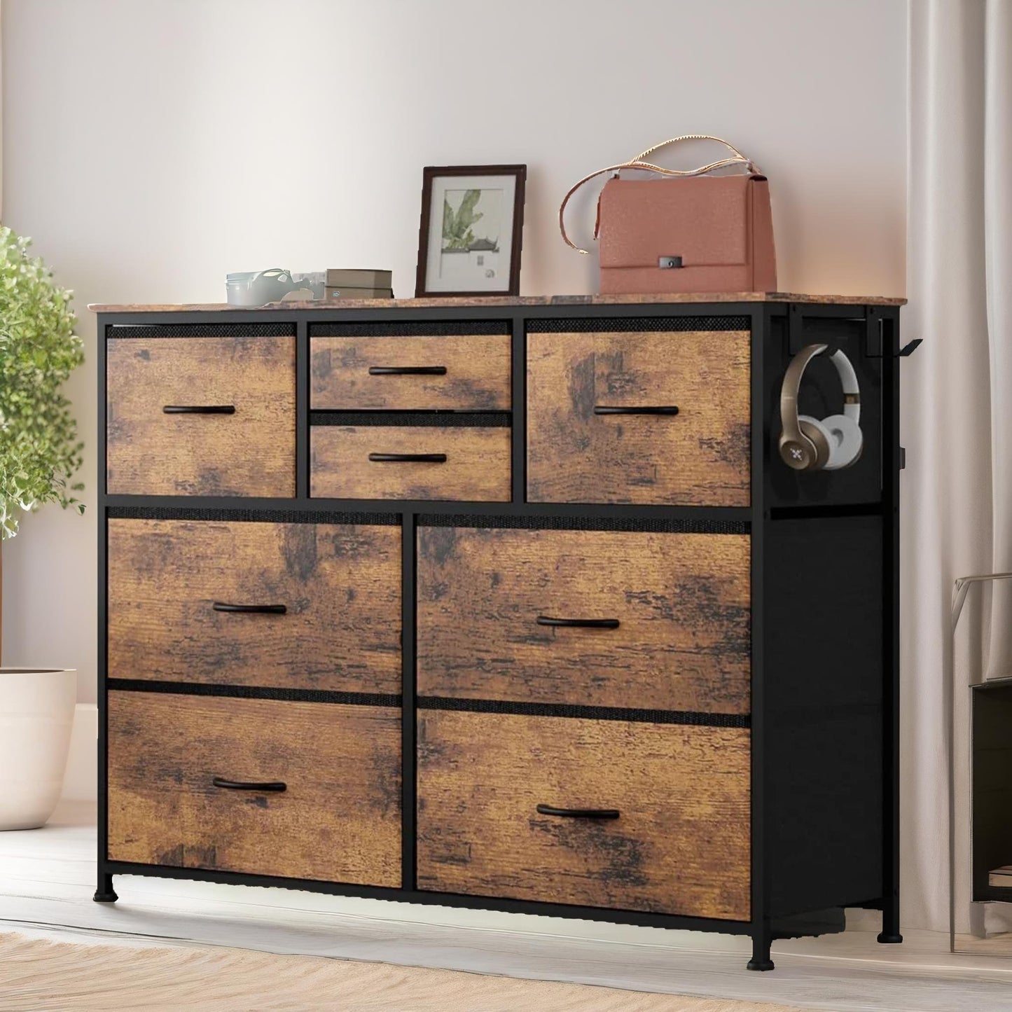 bedroom chest with 8 fabric drawers rustic brown