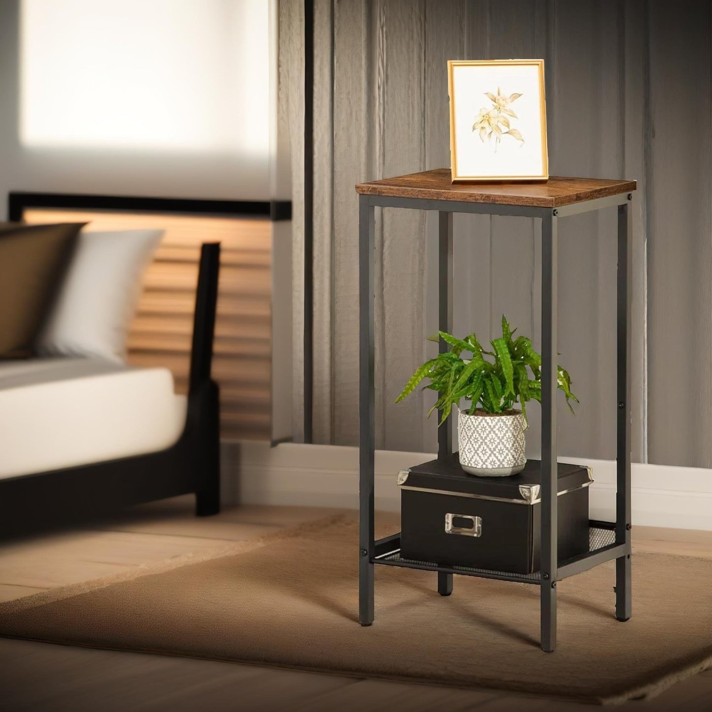 bedside table with adjustable mesh shelf