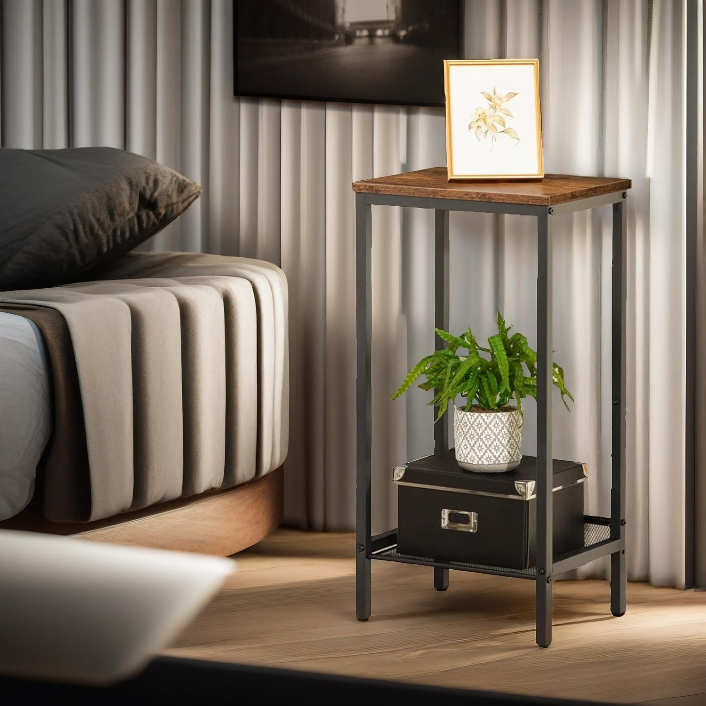 bedside table with adjustable mesh shelf