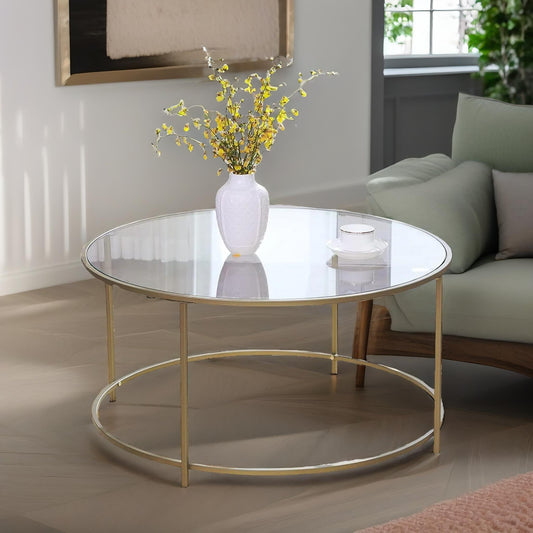 Industrial Tempered Glass Round Coffee Table Gold