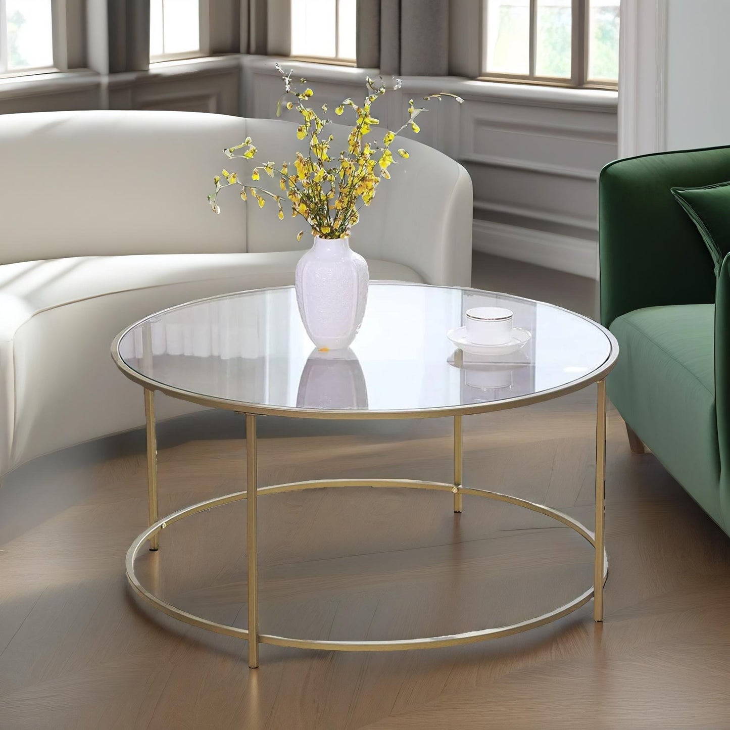 industrial tempered glass round coffee table gold