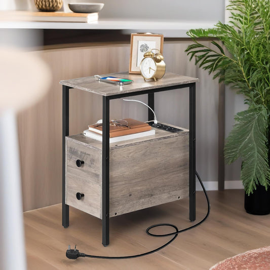 Bedside Table with Power Outlet & USB Ports Greige