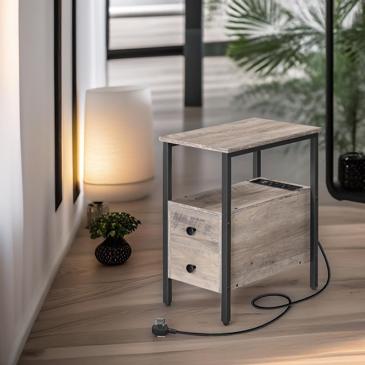 bedside table with power outlet & usb ports greige