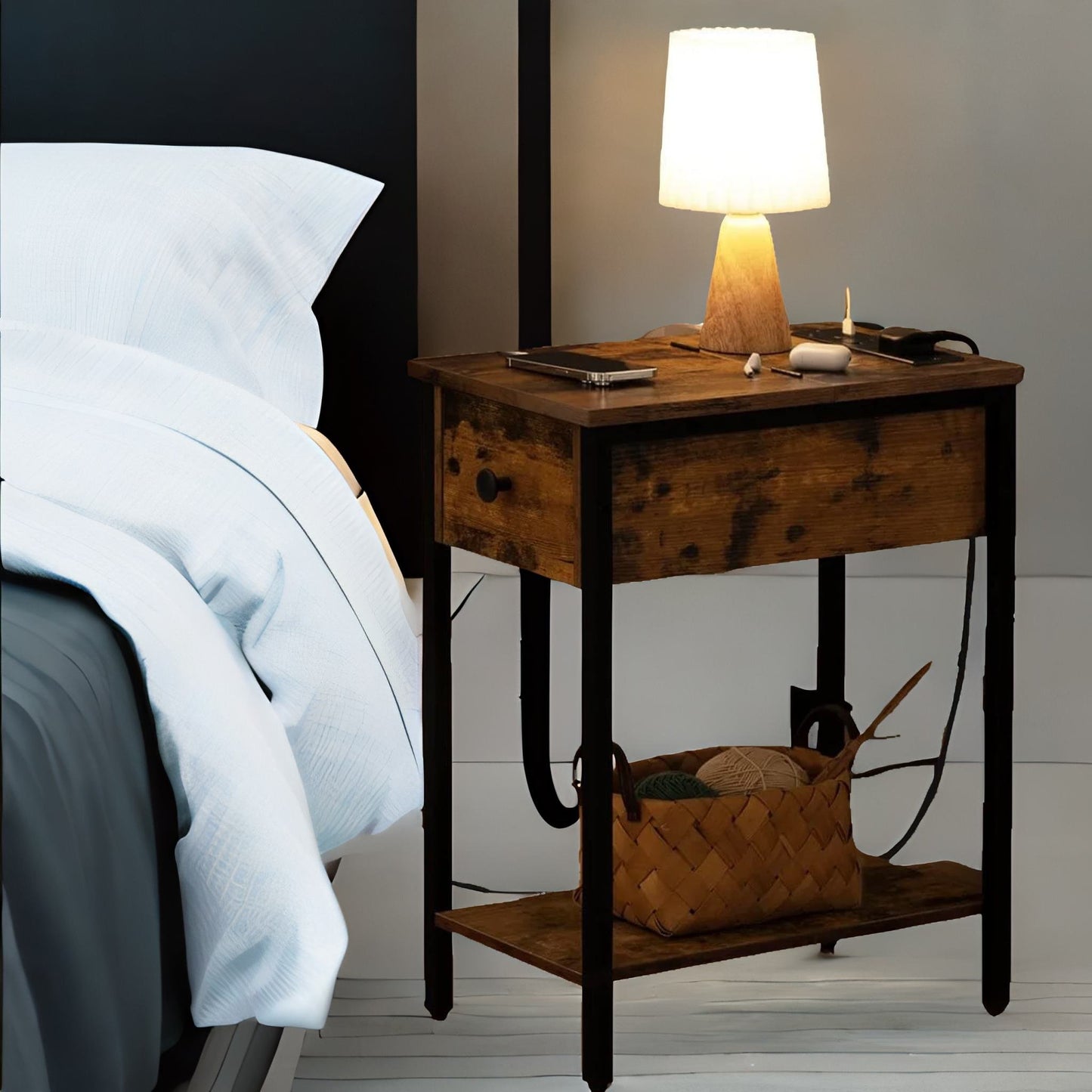 narrow bedside table with power & usb outlets