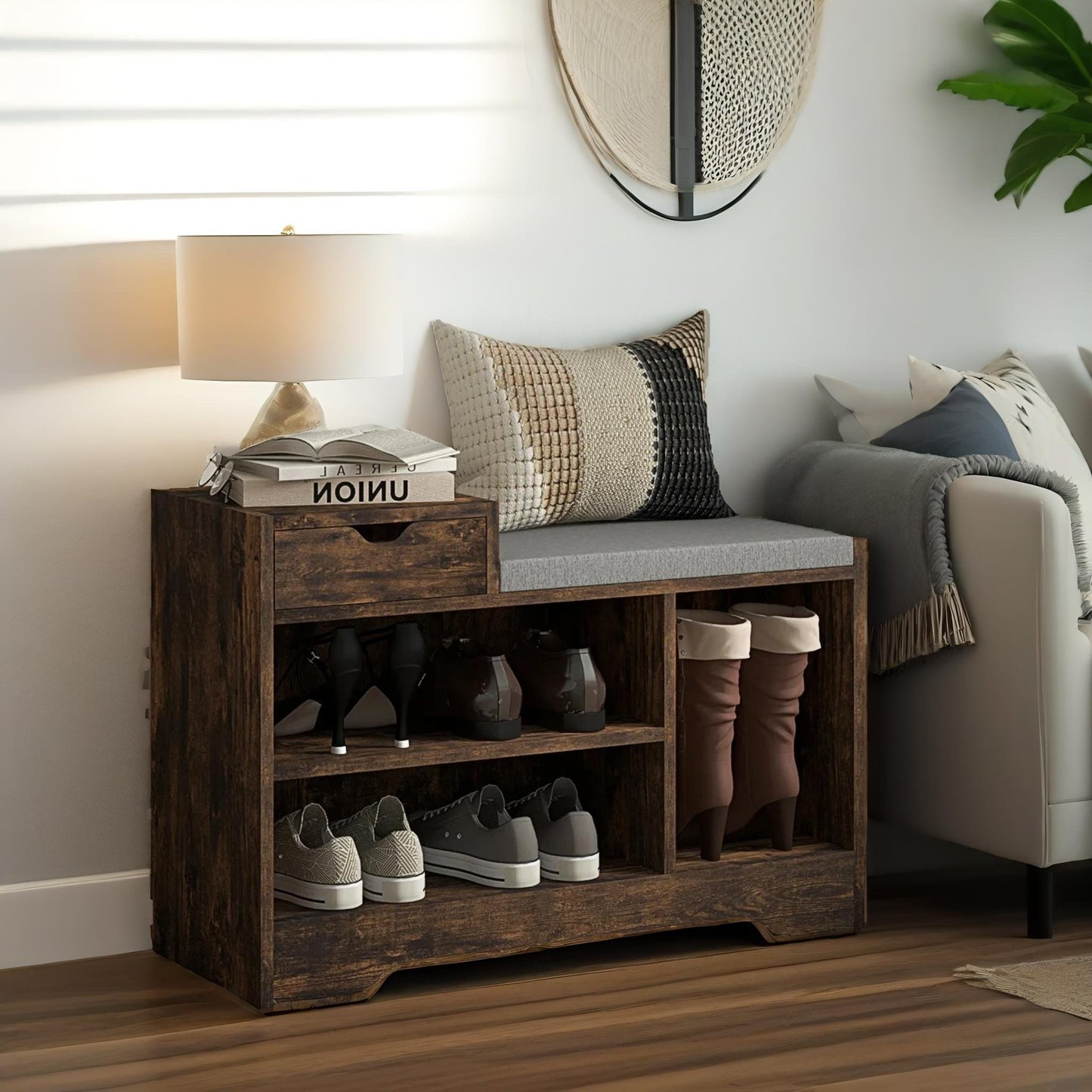 industrial shoe storage bench with 3 open shelves rustic brown