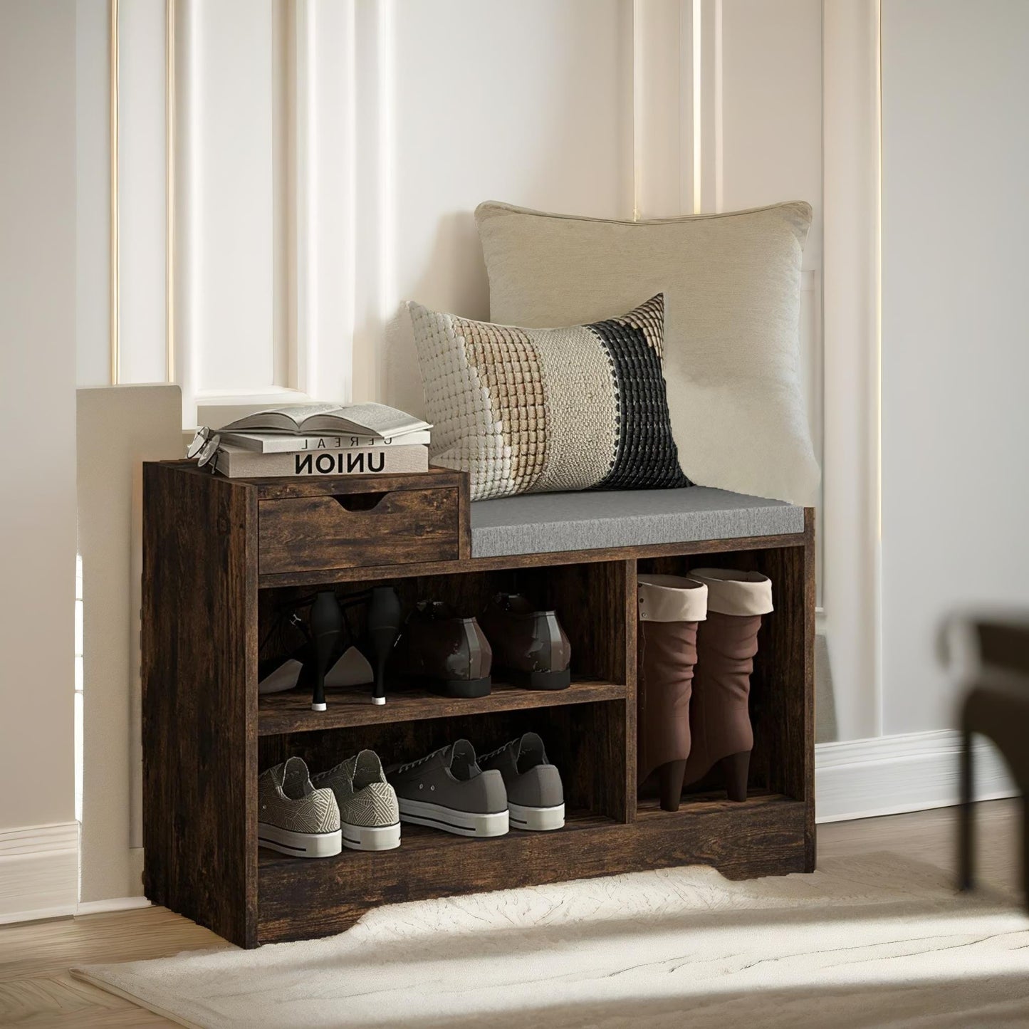 industrial shoe storage bench with 3 open shelves rustic brown