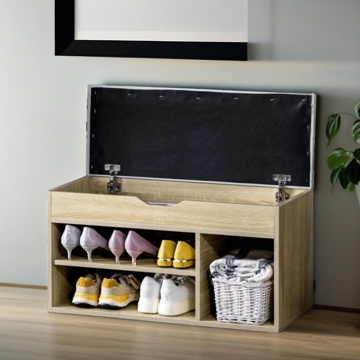 industrial shoe storage bench with cushion seat oak