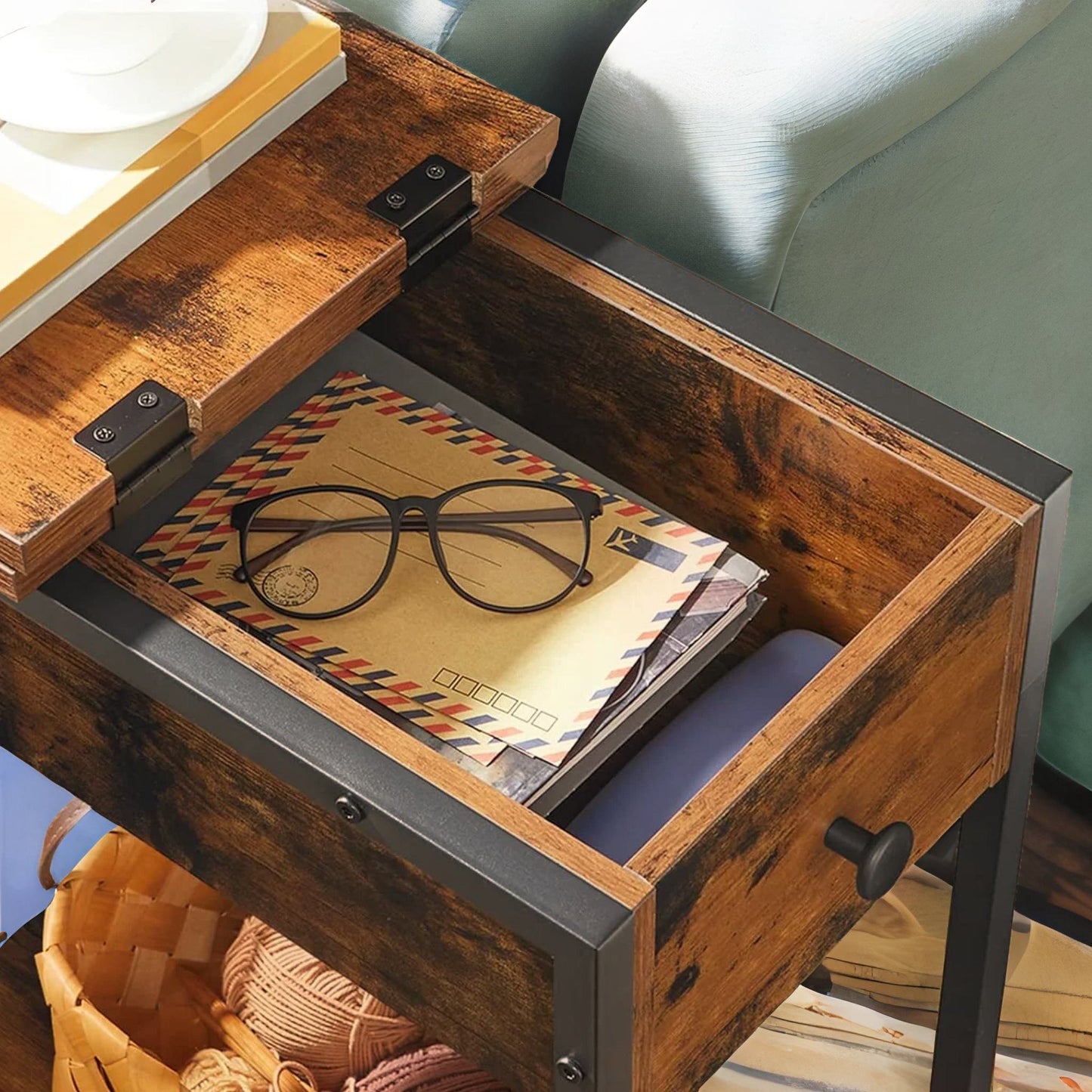 narrow bedside table with power & usb outlets