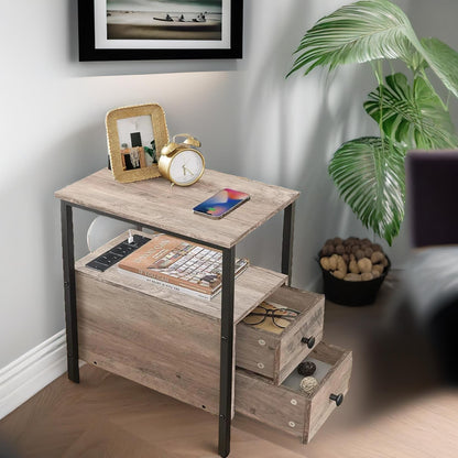 Bedside Table with Power Outlet & USB Ports Greige