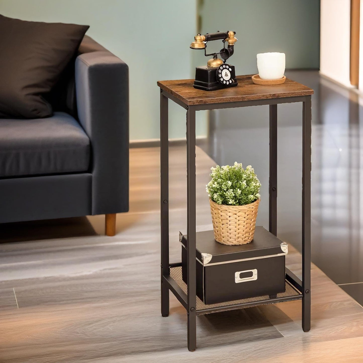 bedside table with adjustable mesh shelf