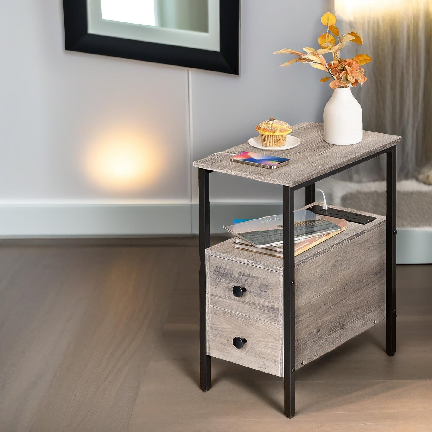 bedside table with power outlet & usb ports greige