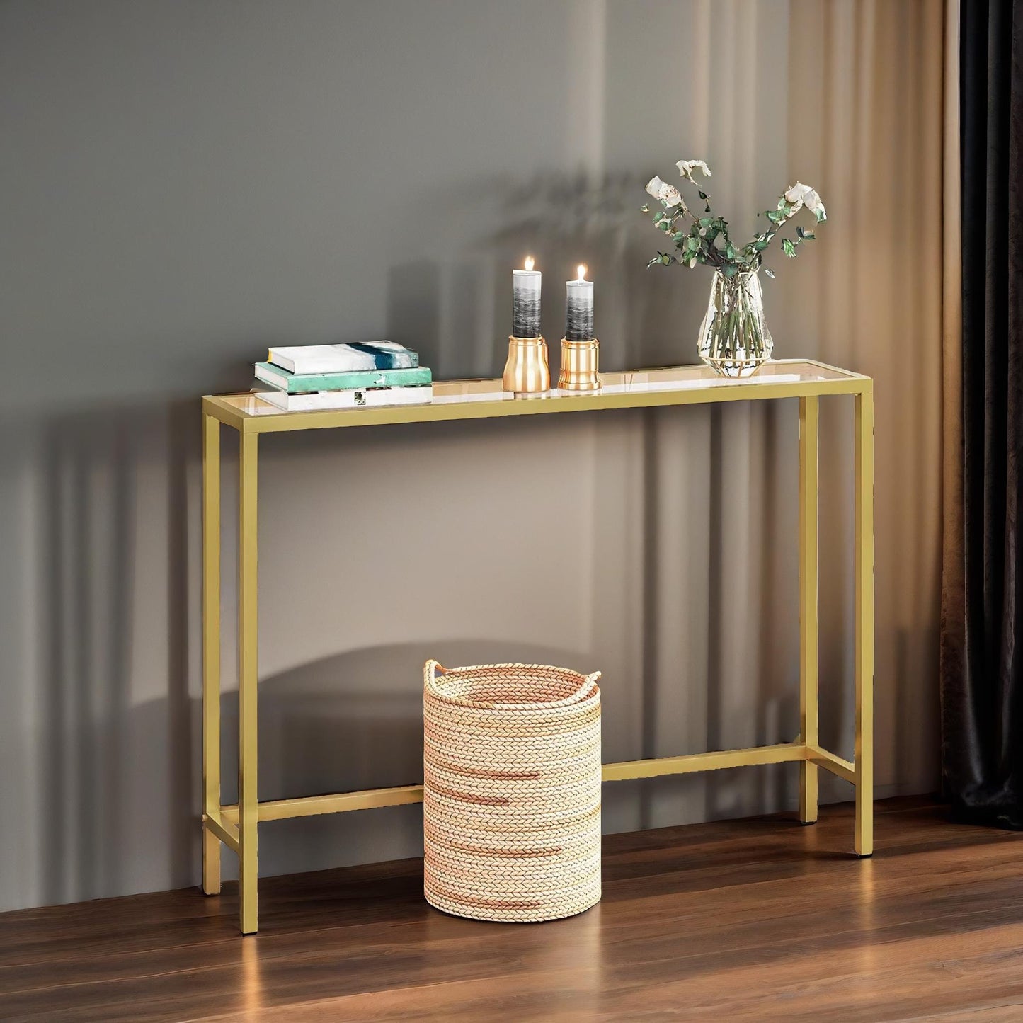 gold metal hallway console table