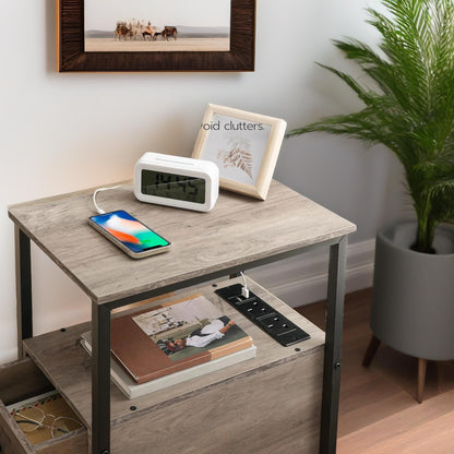 Bedside Table with Power Outlet & USB Ports Greige