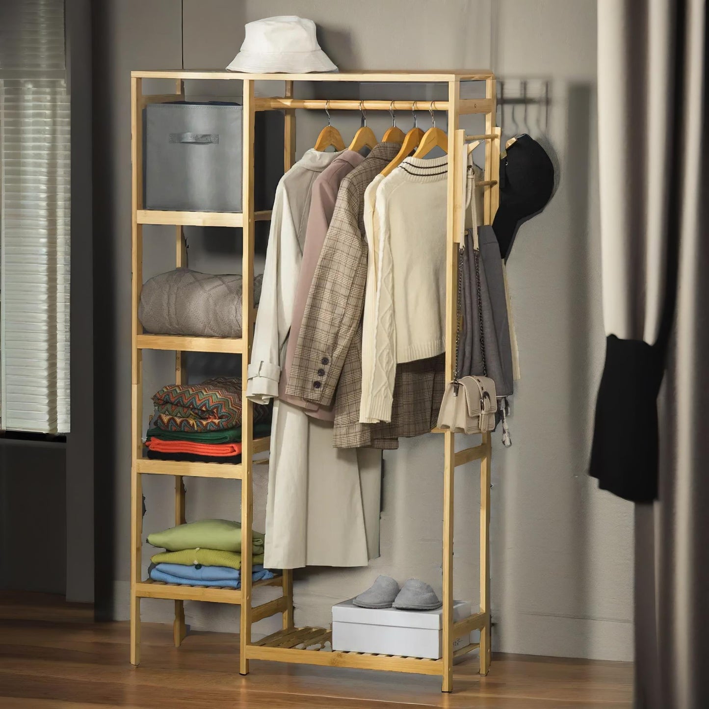 bamboo 155cm tall open wardrobe with shelves