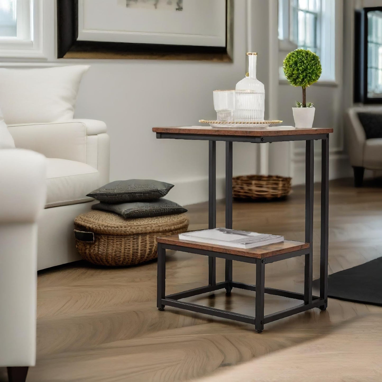 industrial double tier c shaped side table rustic brown