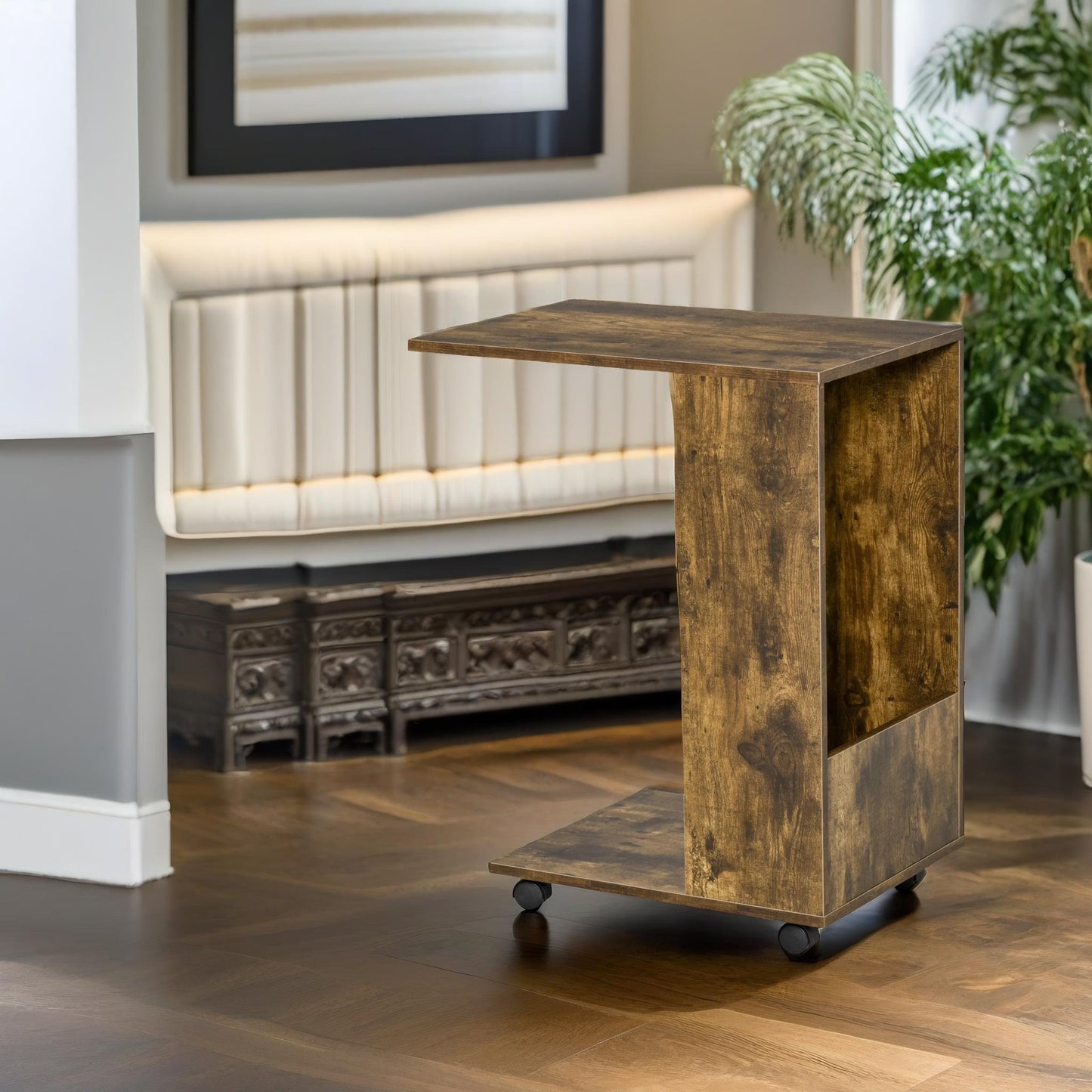 industrial brown c shaped side table with storage & wheels