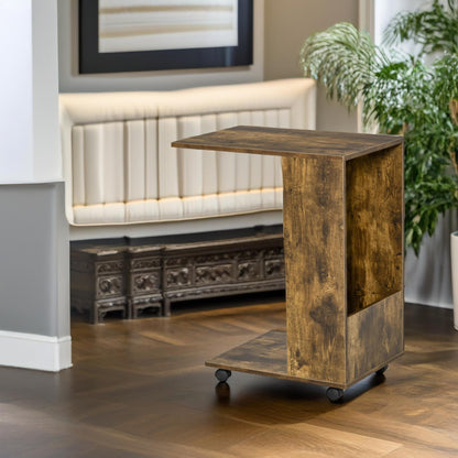 Industrial Brown C Shaped Side Table With Storage & Wheels