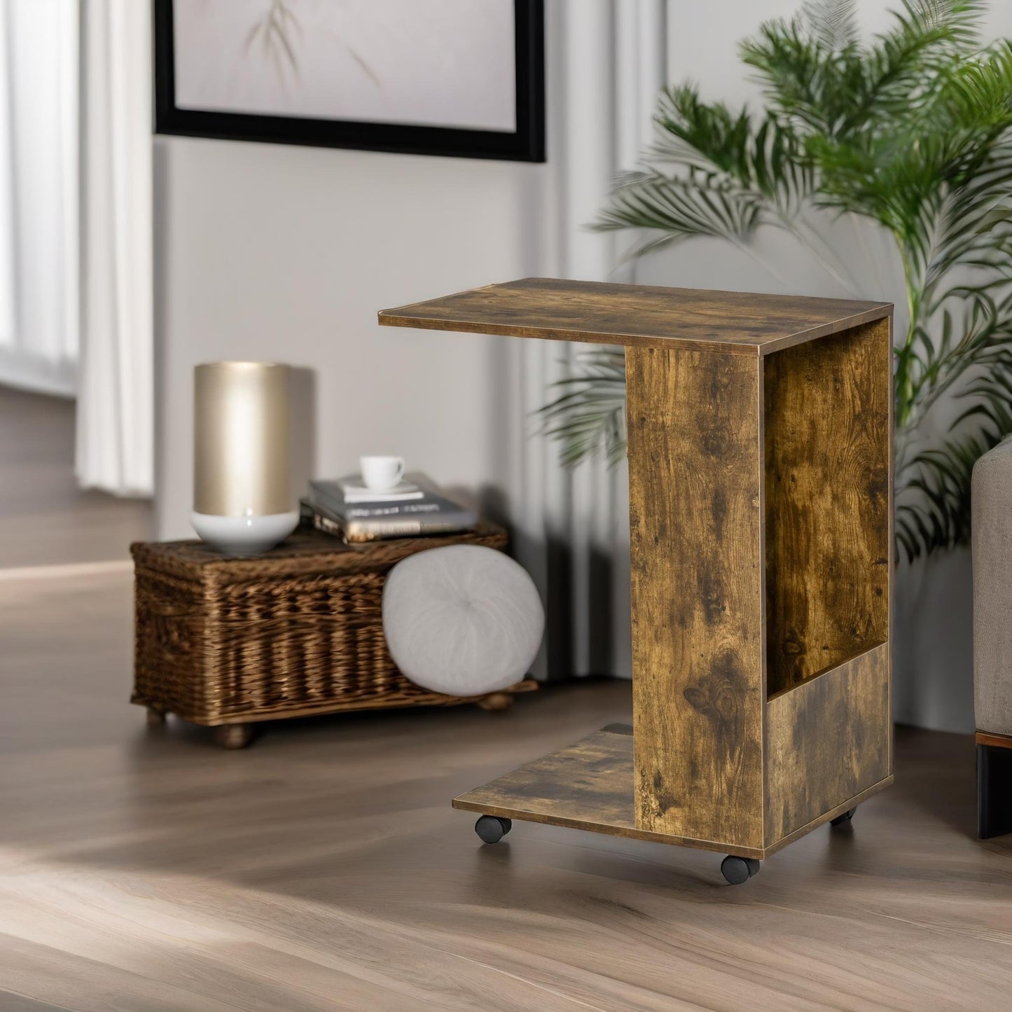 industrial brown c shaped side table with storage & wheels