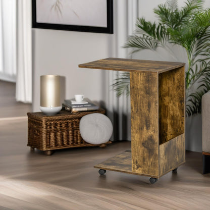 Industrial Brown C Shaped Side Table With Storage & Wheels