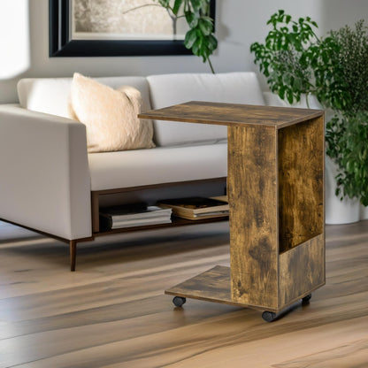 Industrial Brown C Shaped Side Table With Storage & Wheels