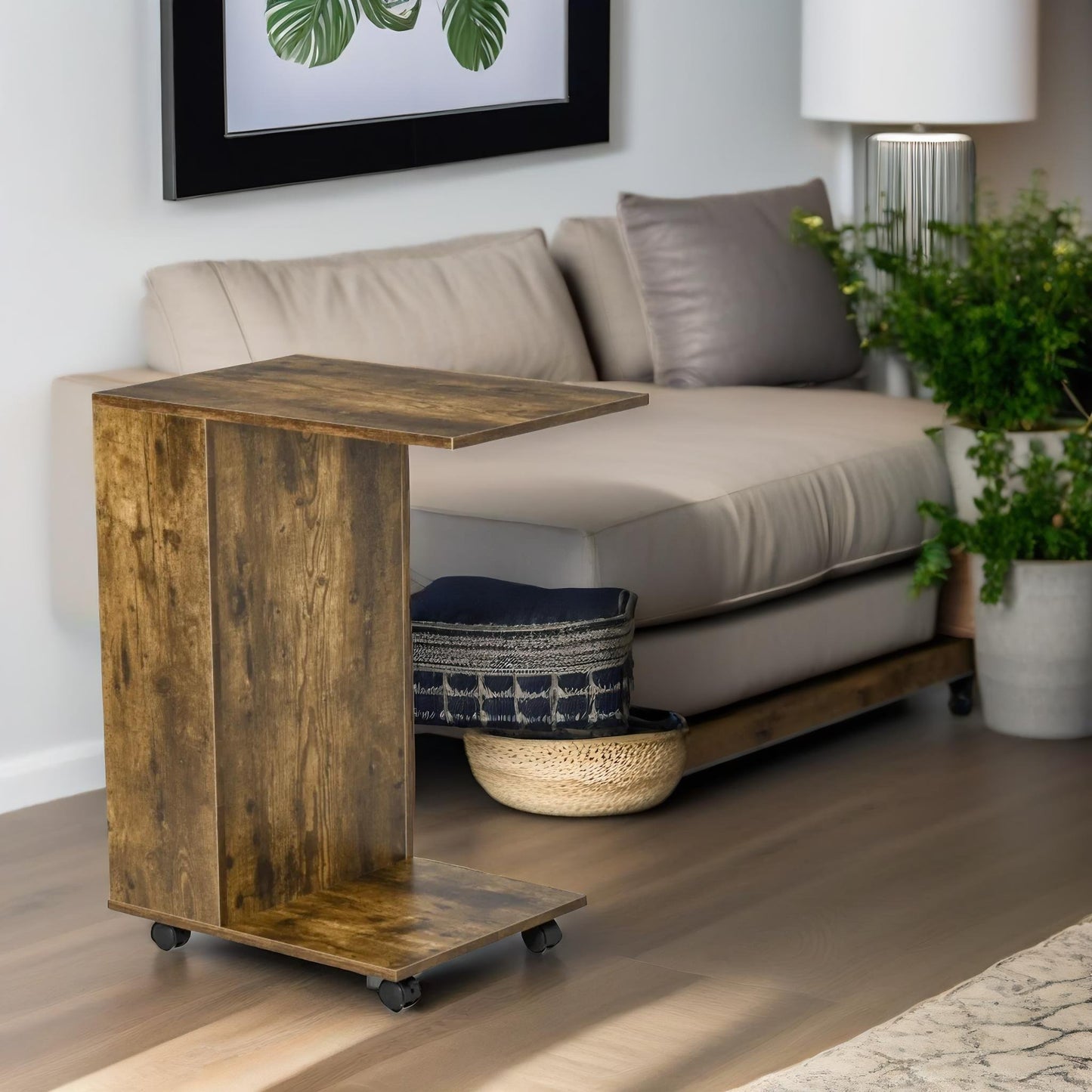 industrial brown c shaped side table with storage & wheels