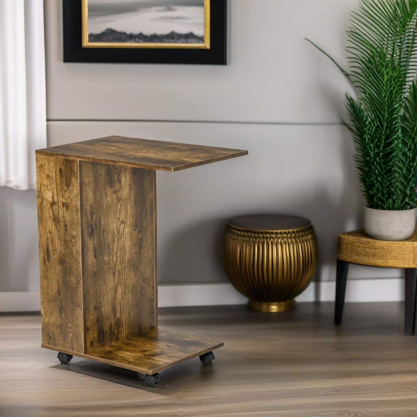 industrial brown c shaped side table with storage & wheels