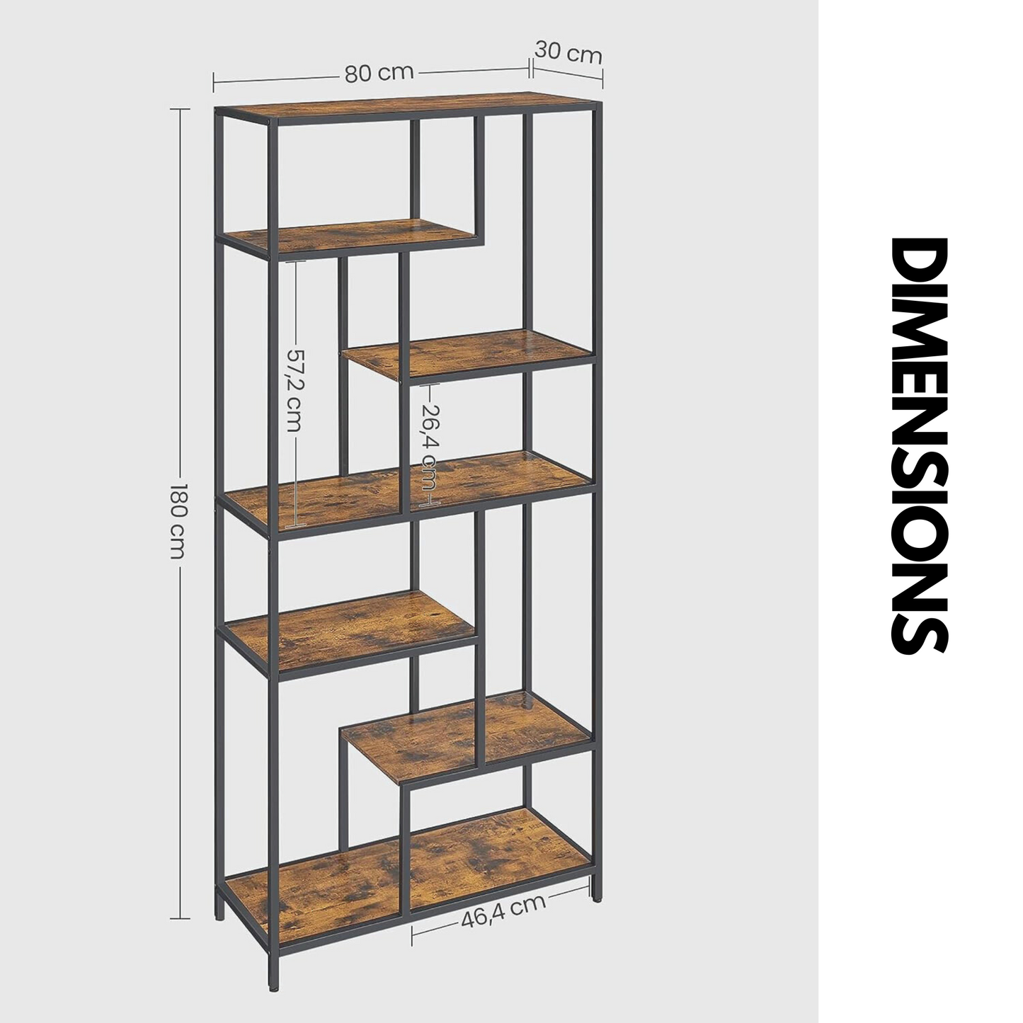 175cm tall industrial bookcase with 6 tiered shelves