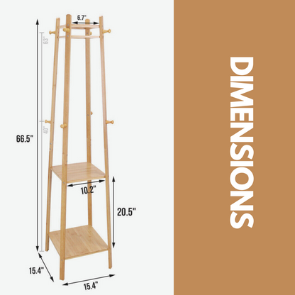 Bamboo Coat Rack Stand With 3 Shelves