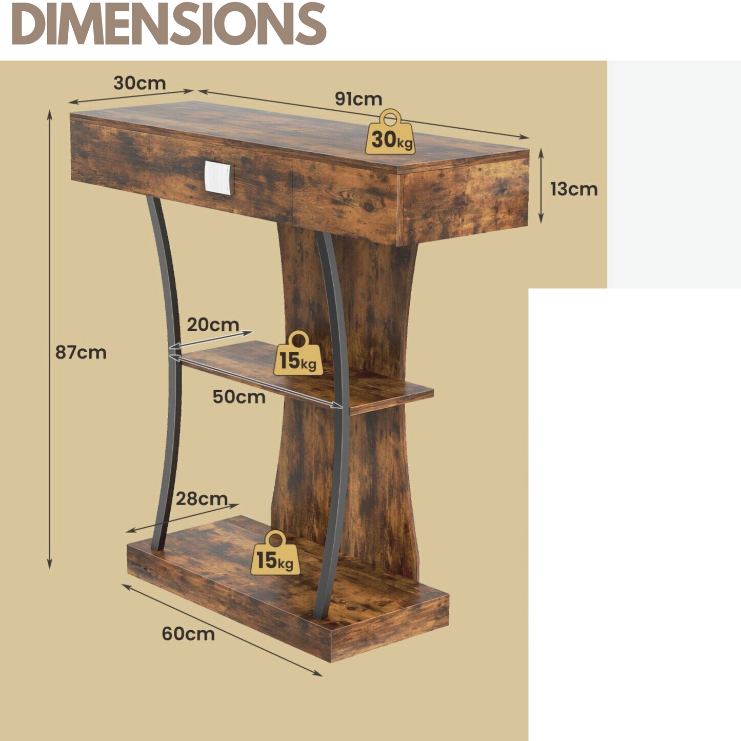 industrial t shaped narrow console table with drawer